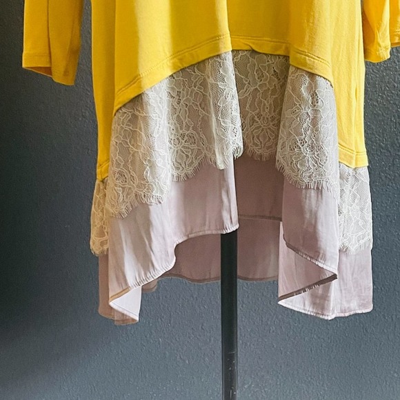 LOGO Lori Goldstein Mustard Yellow Lace Embroidered Sheer Layered Tunic XL - Picture 7 of 10